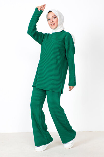 Tesettür Dünyası Buttoned Sleeve Knitwear Suit TSD230801 Green