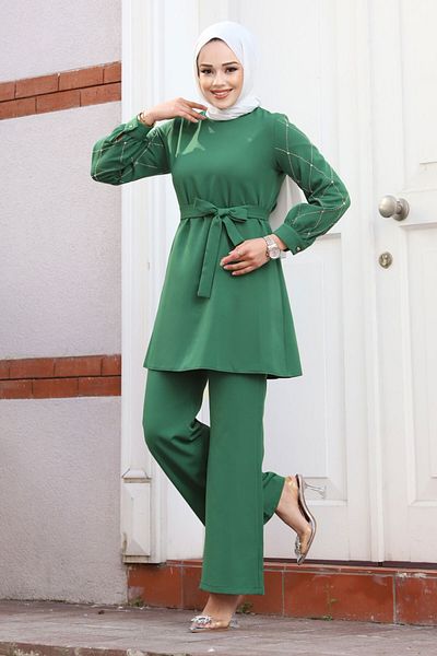 Tesettür Dünyası Belted Double Crepe Set with Stone Detail on the Arm TSD240315