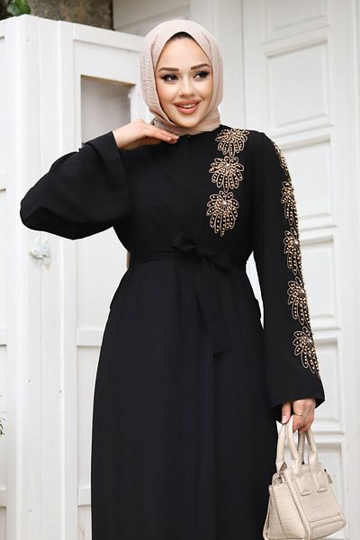 Tesettür Dünyası Rukojeť Bead Embroideed Belted Hijab Ferace TSD240203 Black