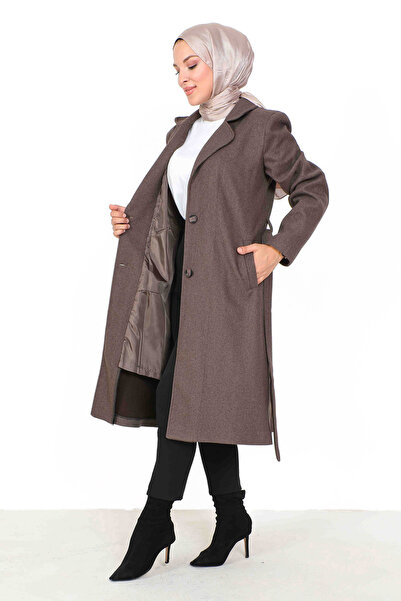 Tesettür Dünyası Double Breasted Collar Waist Belted Stash Coat TSD230806 Brown