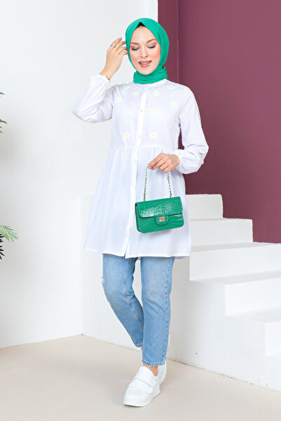 Tesettür Dünyası Κεντημένο τουνίκ με ελαστικά μανίκια TSD230620 Λευκό