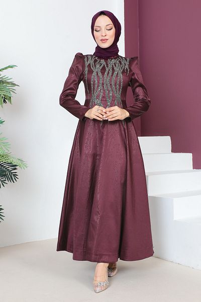 Tesettür Dünyası Abendkleid mit Paillettendetail auf der Vorderseite TSD230634 Pflaume