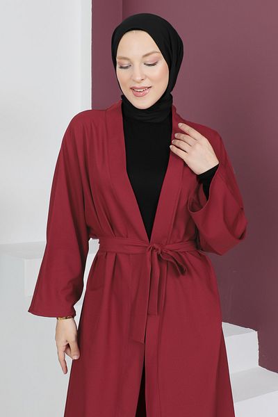 Tesettür Dünyası Κιμονό με ζώνη μέσης TSD230511 Claret Red