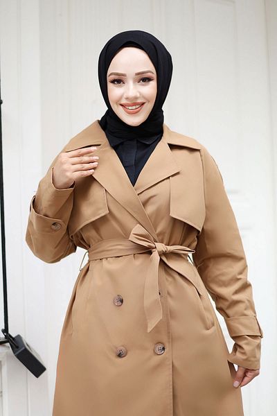 Tesettür Dünyası Tan Trench Coat - Chain Detailed, TSD 240902   Μοντέλο