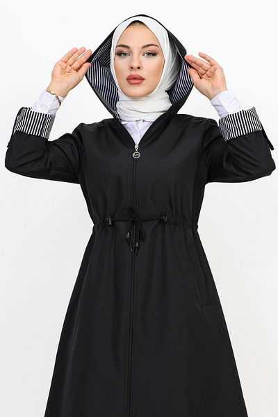 Tesettür Dünyası Lined Lined Hooded Trench Coat TSD231110 Black