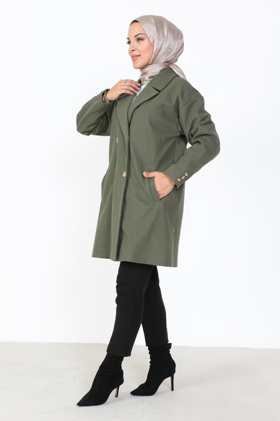 Tesettür Dünyası Double Buttoned Cashmere Coat TSD231014 Khaki