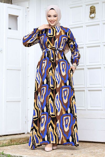 Tesettür Dünyası Kleid mit Leopardenmuster und Gürtel TSD240235 Saks Blau
