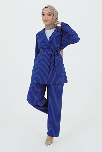Tesettür Dünyası Maral kétsoros galléros öves dzseki öltöny TSD231211 Saks Blue