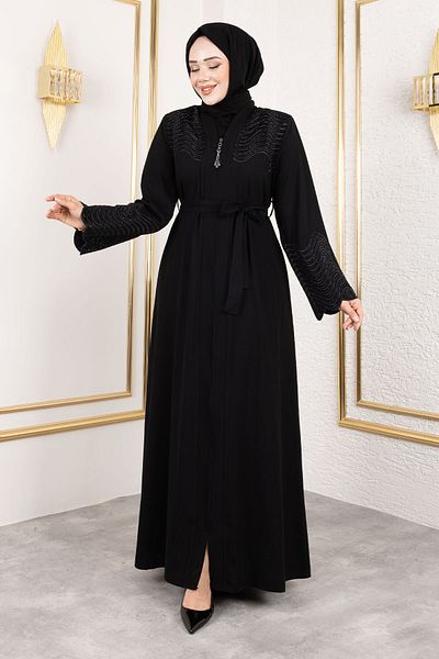 Tesettür Dünyası Ζώνη Κεντημένη Abaya TSD250148 Μαύρο