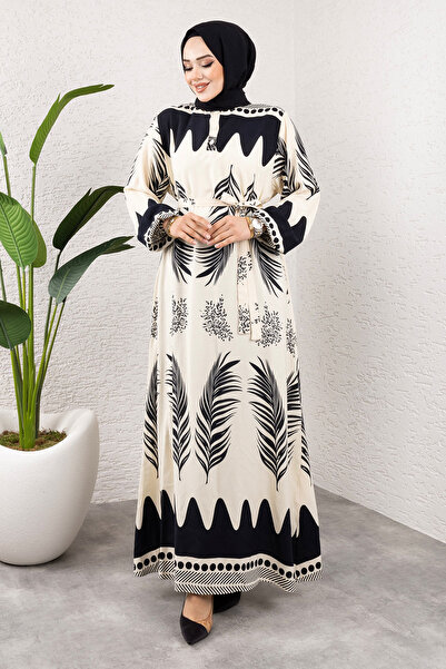 Tesettür Dünyası Su Yolu Etnik Desenli Viskon Uzun Tesettür Elbise TSD240955 Siyah