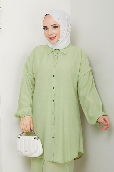 Tesettür Dünyası Buttoned Double Suit with Elastic Ankle Tsd250165 Pistachio Green
