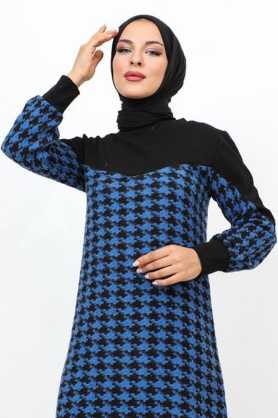 Tesettür Dünyası Φόρεμα με σχέδιο Houndstooth TSD231102 Μπλε