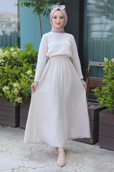 Tesettür Dünyası Κρέμα Ayrobin Long Hijab Dress Tsd220540