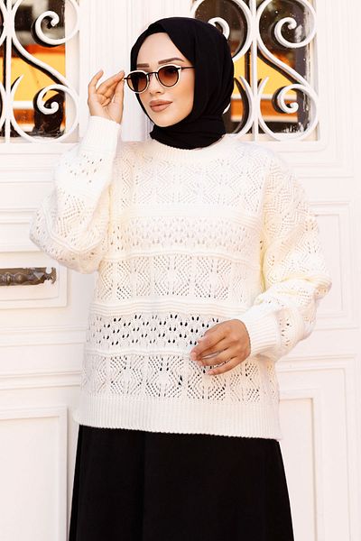 Tesettür Dünyası Ecru Openwork Patterned Knitwear Tunic - TSD 240718