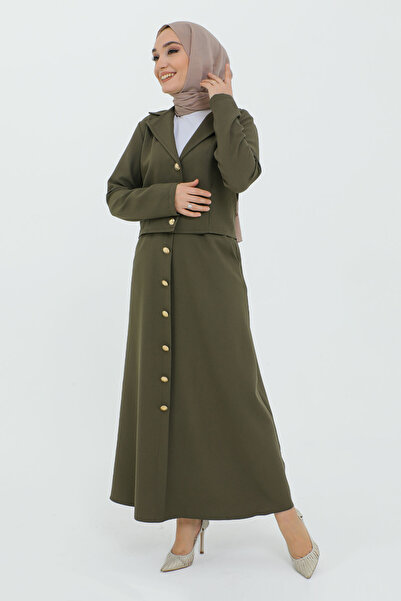Tesettür Dünyası Skirt Button Detailed Jacketed Suit TSD231217 Khaki