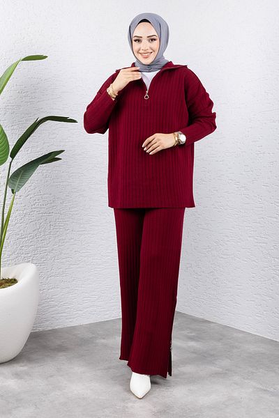 Tesettür Dünyası Burgundy Zippered Knitwear Set - Tsd 240950