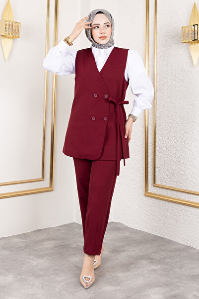 Tesettür Dünyası Belted Waist Vest Suit Tsd250159 Claret Red