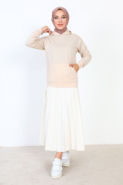 Tesettür Dünyası Hooded Short Sweatshirt TSD230427 Beige