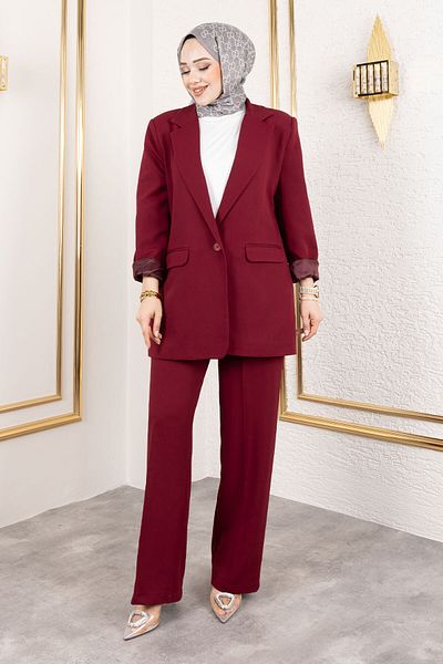 Tesettür Dünyası Claret Red Double Breasted Collar Blazer Suit Tsd 250118
