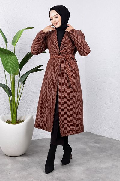Tesettür Dünyası Brick Color Pocket Double Breasted Collar Coat - Tsd 240938