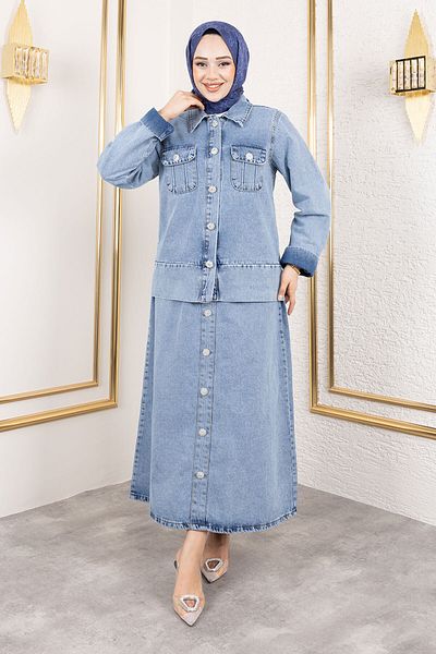 Tesettür Dünyası Pocketed Sleeve End Fold Skirt Denim Suit Tsd 250134   Light Blue