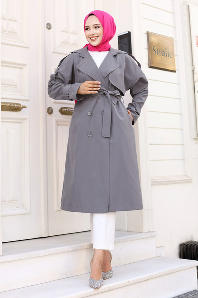 Tesettür Dünyası Arkası Düğme Detaylı Kruvaze Yaka Trençkot TSD240714 Gri