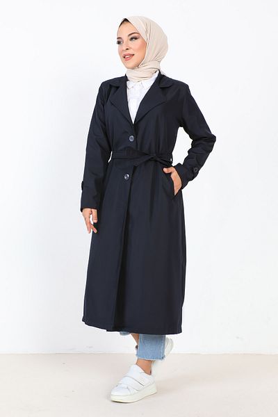 Tesettür Dünyası Lined Trench Coat TSD231003 Navy Blue