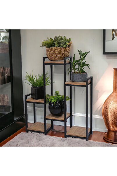TOPRAK E-TİCARET Garden 6 Raflı Metal Çiçeklik Ahşap Raflı Siyah Metal Saksılık