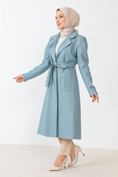Tesettür Dünyası Palton Kaşen cu centură albastră TSD 230804