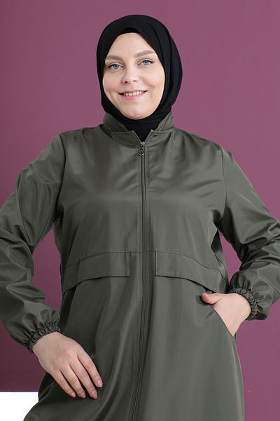 Tesettür Dünyası Large Size Trench Coat with Patch Detail Tsd230505 Khaki