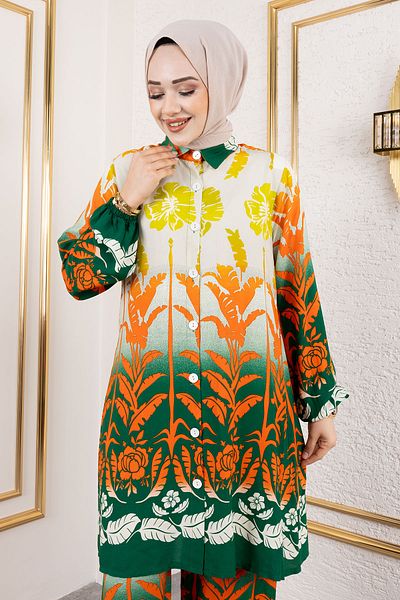 Tesettür Dünyası Green Viscose Suit - Colorful Floral Pattern Tsd 250111
