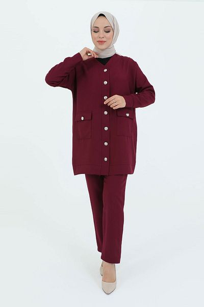 Tesettür Dünyası V-Neck Buttoned Double Suit with Pockets TSD231218 Plum