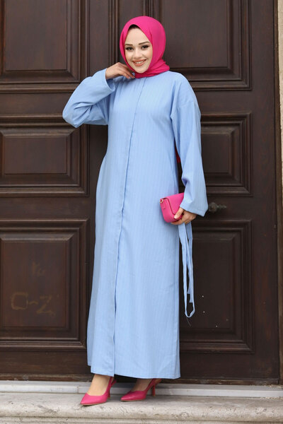 Tesettür Dünyası Κρυφό φερμουάρ με ριγέ Ζώνη Ferace TSD240202 Baby Blue