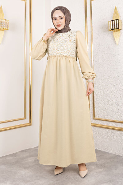 Tesettür Dünyası Μακρύ μαντίλι φόρεμα με δαντέλα στο μπροστινό μέρος TSD240519 Μπεζ