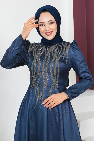 Tesettür Dünyası Večerní šaty s detailem flitrů na přední straně TSD230634 Navy Blue