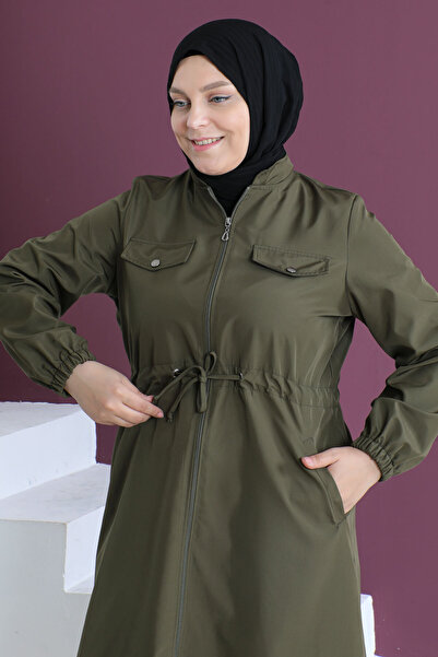 Tesettür Dünyası Large Size Trench Coat with Ornamental Pockets Tsd230504 Khaki