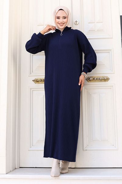 Tesettür Dünyası Πλεκτό φόρεμα Navy Blue Half Zipper - TSD 240715