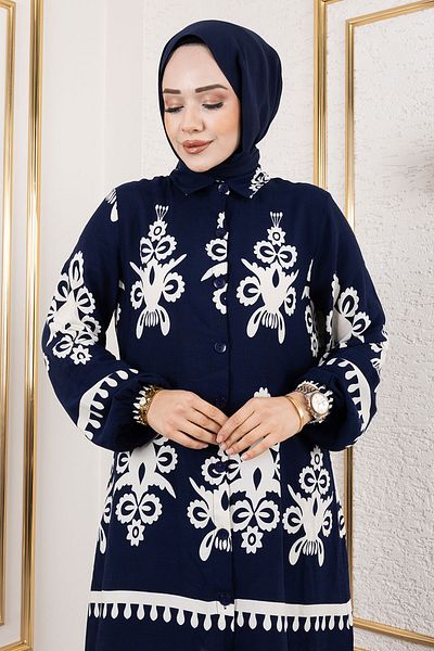 Tesettür Dünyası Navy Blue Viscose Suit - Ethnic Pattern Tsd 250113