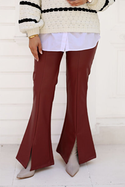 Tesettür Dünyası Burgundy Leather Trousers - Spanish Leg, Front Slit Tsd 240813