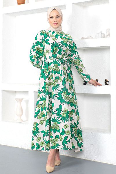Tesettür Dünyası Floral Patterned Elastic Waist Dress Tsd230223 Green