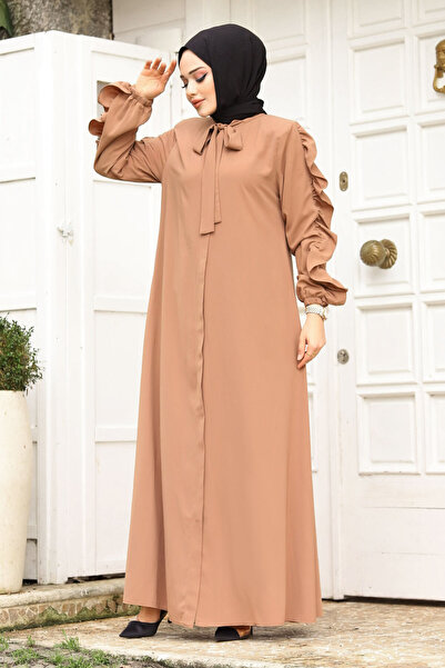 Tesettür Dünyası Ferace TSD with Ruffle Collar and Tie Detail240246 Camel