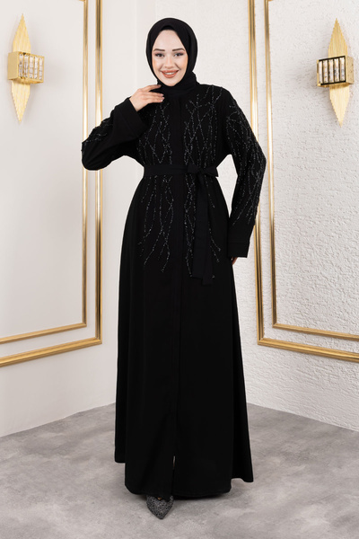 Tesettür Dünyası Black Stone Detailed Hidden Zippered Abaya - Tsd 250112