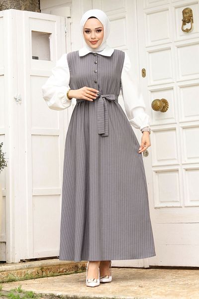 Tesettür Dünyası Hijab-Kleid mit halbem Knopf und Taillengürtel vorne TSD240249 Grau