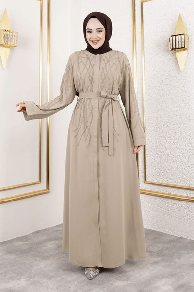 Tesettür Dünyası Beige Abaya - Hidden Zipper and Stone Detail Tsd 250112