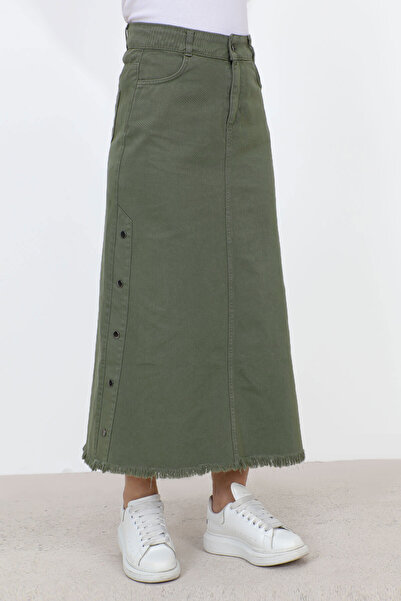 Tesettür Dünyası Denim Skirt with Flared Sides TSD22019 Khaki