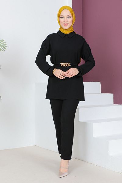 Tesettür Dünyası Pásek Detailed Suit TSD230540 černý