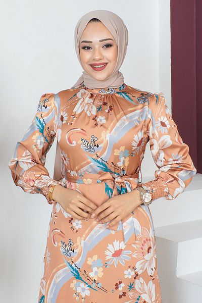 Tesettür Dünyası Sleeve Tip Gipe Detailed Dress Tsd230605 Tan