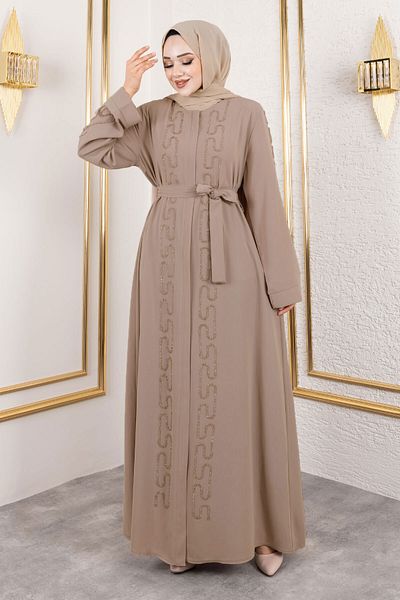 Tesettür Dünyası Αλυσίδα Taşıklar με μπεζ λεπτομέρεια Abaya TSD 250126