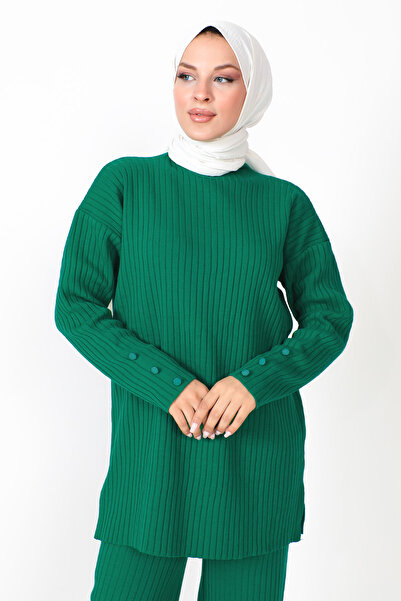 Tesettür Dünyası Buttoned Sleeve Knitwear Suit TSD230801 Green