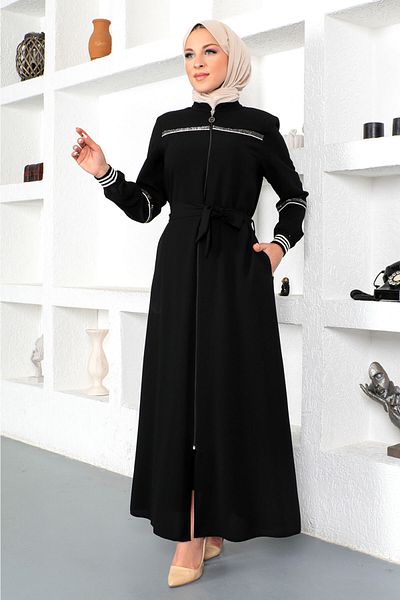 Tesettür Dünyası Hijab με ραβδώσεις Abaya Tsd230328 Μαύρο